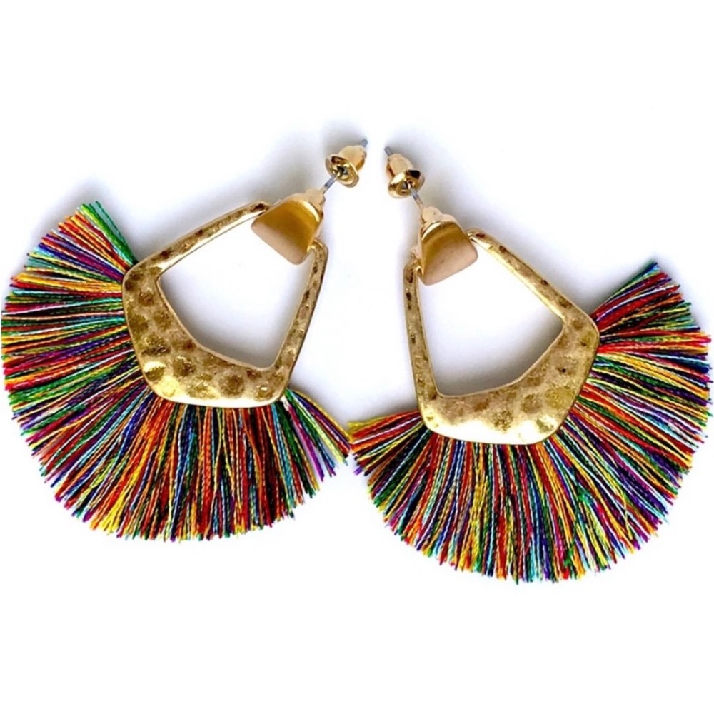 New! Multi Colored Bohemian Fan Tassle Gold Hammered Earrings